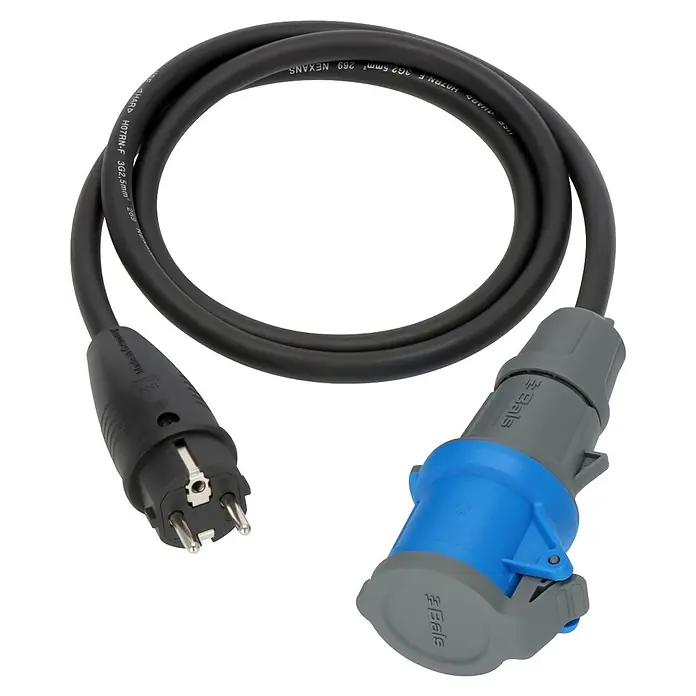 Brennenstuhl Verlängerungskabel Camping-Adapterkabel CEE-Kupplung Schutzkontakt - 1,5 m, IP44, H07RN-F - Schwarzes Netzkabel mit Schukostecker und blauem CEE-Industriestecker.