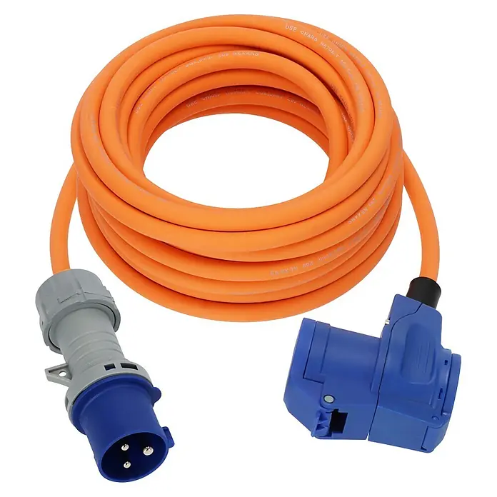 Brennenstuhl Verlängerungskabel CEE-Stecker und Winkelkupplung Schutzkontakt - 10 m, IP44, H07RN-F - Oranges Industrie-Verlängerungskabel mit blauen und grauen Steckern.