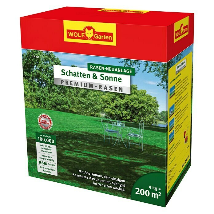 Wolf-Garten Rasensamen Premium Schatten & Sonne (4 kg, Inhalt ausreichend für: 200 m²)