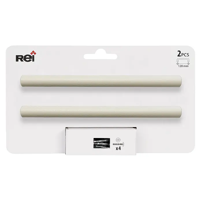 Rei Tirador para muebles - Distancia entre orificios: 128 mm, Acero inoxidable, Greige, 2 ud. - Dos tiradores cilíndricos claros (128 mm) con tornillos, envasados.