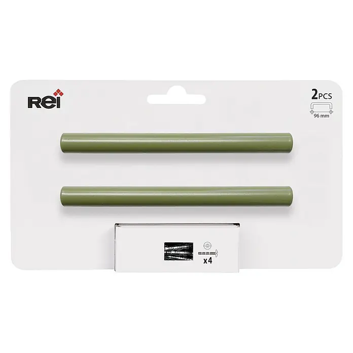 Rei Tirador para muebles - Distancia entre orificios: 96 mm, Acero inoxidable, Oliva, 2 ud. - Dos tiradores cilíndricos verde oliva para muebles, de 96 mm de largo, empaquetados con cuatro tornillos.