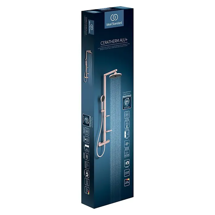 Ideal Standard Alu+ Duschsystem Ceratherm - Anzahl Strahlarten: 2 Stk., Rosé - Roségoldenes Aluminium Ceratherm Alu+ Duschsystem mit Kopf- und Handbrause auf dunkelblauer Produktverpackung.