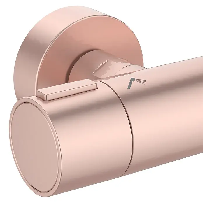 Ideal Standard Alu+ Duschsystem Ceratherm - Anzahl Strahlarten: 2 Stk., Rosé - Roségoldener zylindrischer Duschmischer mit rechteckigem Knopf und Duschsymbol.