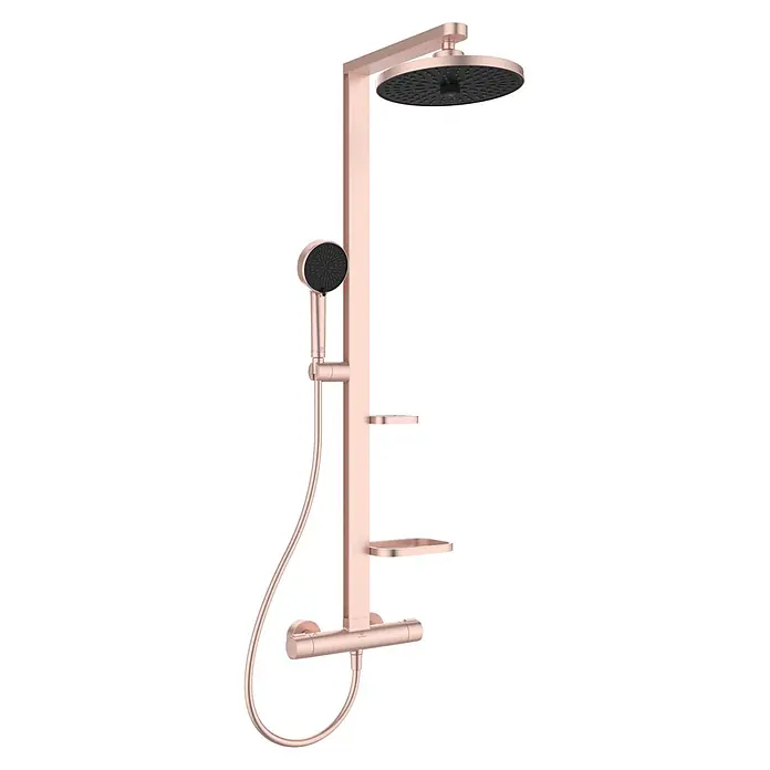 Ideal Standard Alu+ Duschsystem Ceratherm - Anzahl Strahlarten: 2 Stk., Rosé - Roségoldenes Duschsystem mit Kopfbrause, Handbrause, Schlauch, Thermostatmischer und zwei Ablagen.