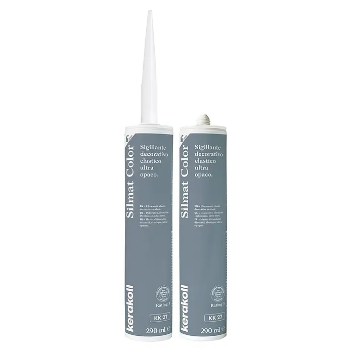 Kerakoll Sellador de resina - Silmat Color - Color: KK 27, 290 ml - Sellador decorativo elástico ultra-mate Kerakoll Silmat Color en tubo gris.