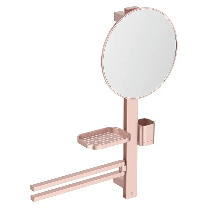 Ideal Standard Kosmetikspiegel Beauty Bar - 58 x 71,7 cm, Durchmesser: 32 cm, Rund, Rosa - Roségoldene Bad-Duschstange mit rundem Spiegel, Seifenschale, Zahnbürstenhalter und zwei Handtuchstangen.