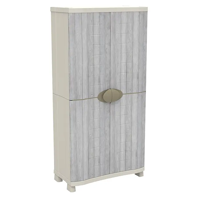 Plastiken Space Saver Armario multiusos de plástico - L x An x Al: 45 cm x 90 mm x 184 cm, Nordic - Armario de plástico de dos puertas con puertas de textura de madera clara, marco beige y tirador ovalado.