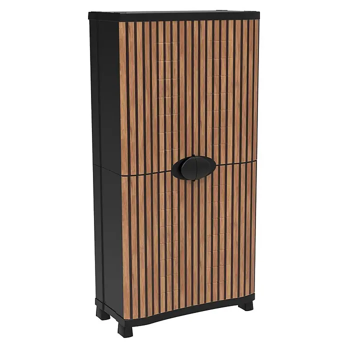 Plastiken Space Saver Armario multiusos de plástico - L x An x Al: 45 cm x 90 mm x 184 cm, Roble - Armario de almacenaje alto y estrecho con marco negro y puertas de lamas efecto madera, con tirador ovalado negro central.