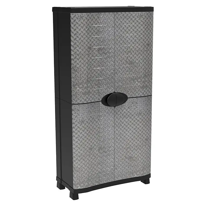 Plastiken Space Saver Armario multiusos de plástico - L x An x Al: 45 cm x 90 mm x 184 cm, Acero - Armario de almacenamiento alto negro y plateado con patrón de chapa estriada, tirador ovalado negro y patas.