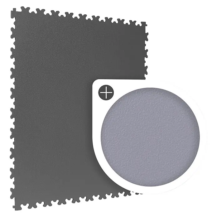 Gerflor Vinylboden Garagenboden R-Tile - Dunkelgrau, 503 x 503 x 7 mm - Dunkelgraue, strukturierte Verbundmatte mit Puzzle-Rändern, gezeigt mit einer hellgrauen, strukturierten Materialprobe in einem runden Rahmen.