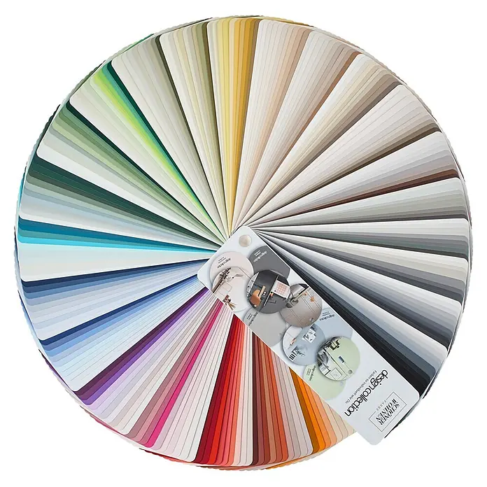 SCHÖNER WOHNEN-Farbe Farbfächer Design Collection - Anzahl Farbtöne: 240 Stk. - Ein kreisförmiger Farbfächer der 'Design Collection' zeigt eine umfassende Farbpalette für Wandfarben und Design.