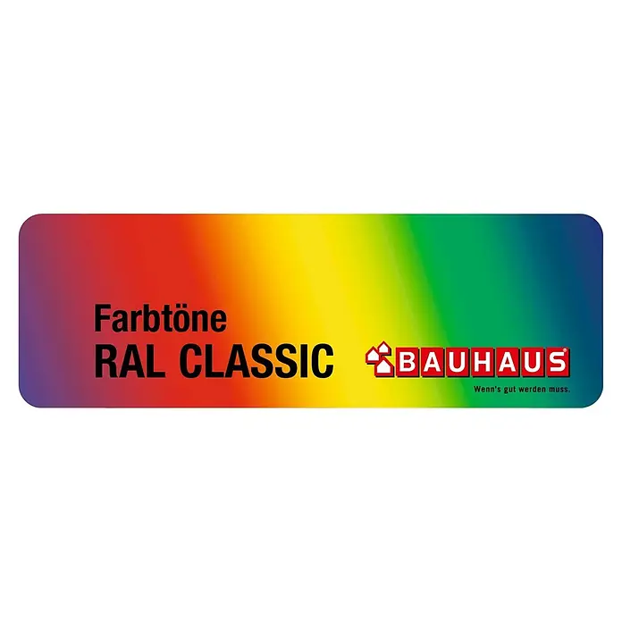 swingcolor Farbfächer RAL CLASSIC - Anzahl Farbtöne: 216 Stk. - Bauhaus RAL CLASSIC Farbtöne Banner auf einem lebhaften Regenbogen-Farbverlauf, mit dem Slogan "Wenn's gut werden muss."