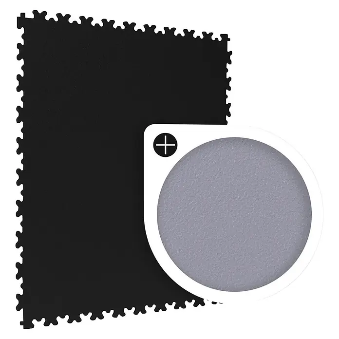 Gerflor Vinylboden Garagenboden R-Tile - Schwarz, 503 x 503 x 7 mm - Schwarze texturierte Puzzlematte; weißes Modul mit grauem Zentrum und Plus-Symbol.