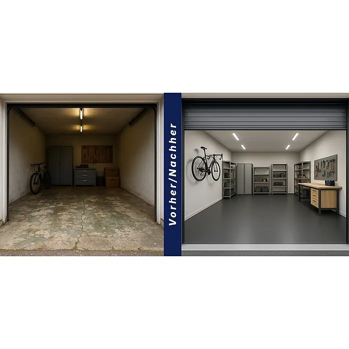 Gerflor Vinylboden Garagenboden R-Tile - Dunkelgrau, 503 x 503 x 7 mm - Vorher/Nachher: Garagenumbau mit modernen Aufbewahrungslösungen und Werkbank.