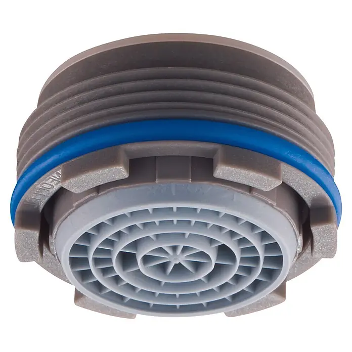 Neoperl Strahlregler - Kunststoff - Detailaufnahme eines grauen Wasserhahn-Strahlreglers mit blauer Dichtung. Das Produkt ist neu und unbenutzt und sorgt für einen gleichmäßigen Wasserfluss.