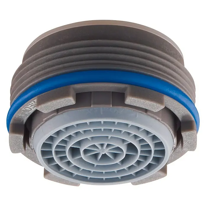 Neoperl Strahlregler - Kunststoff - Detailaufnahme eines grauen Wasserhahn-Strahlreglers mit blauer Dichtung. Das Produkt ist neu und unbenutzt und sorgt für einen gleichmäßigen Wasserfluss.