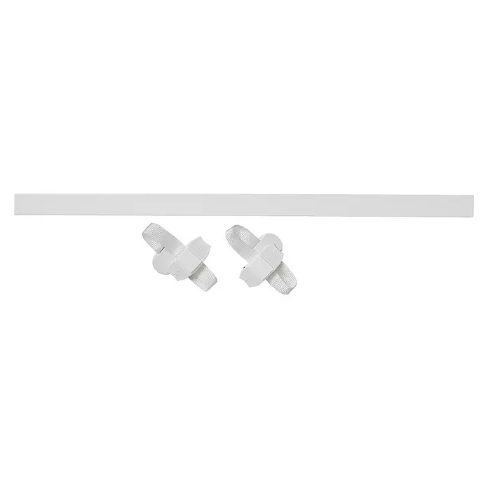 Dolle Sicherheitsgitter Adapter - Weiß - Weißer linearer LED-Lichtstreifen und zwei weiße geflochtene Kabelklemmen zur Kabelverwaltung.