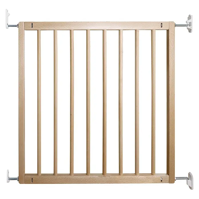 Dolle Sicherheitsgitter Leo - Höhe: 68 cm, Beige - Helles Holz-Treppengitter mit vertikalen Stäben und weißen Wandbefestigungen.