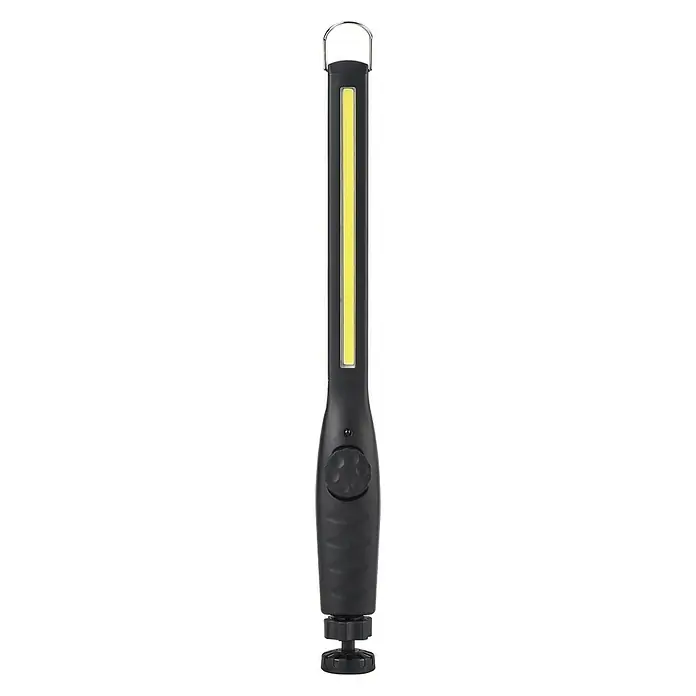 Profi Depot LED-Arbeitsleuchte Slim - Länge: 380 mm, Li-Ionen - Eine schwarze, schlanke Arbeitsleuchte mit LED-Beleuchtung und einem Haken zum Aufhängen, ideal für Werkstatt und Hobby.