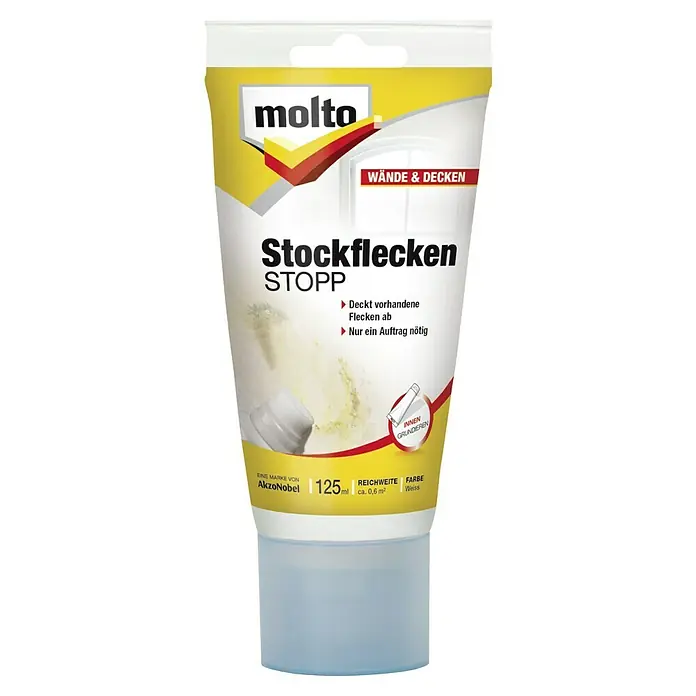 Molto Stockflecken Stopp - 125 ml - Tube Molto Schimmelfleck-Entferner, stoppt Stockflecken auf Wänden und Decken, deckt Flecken ab, einmaliger Auftrag, 125ml.