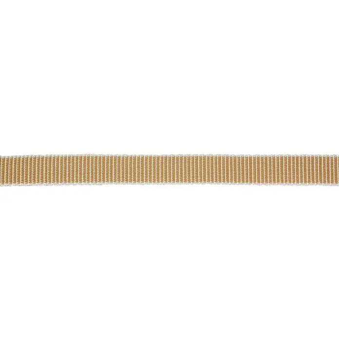 Stabilit Rollladengurt Meterware - Breite: 15 mm, Polypropylen, Beige - Nahaufnahme eines goldenen Bandes mit weißen Kanten, das sich ideal zum Dekorieren und Basteln eignet.