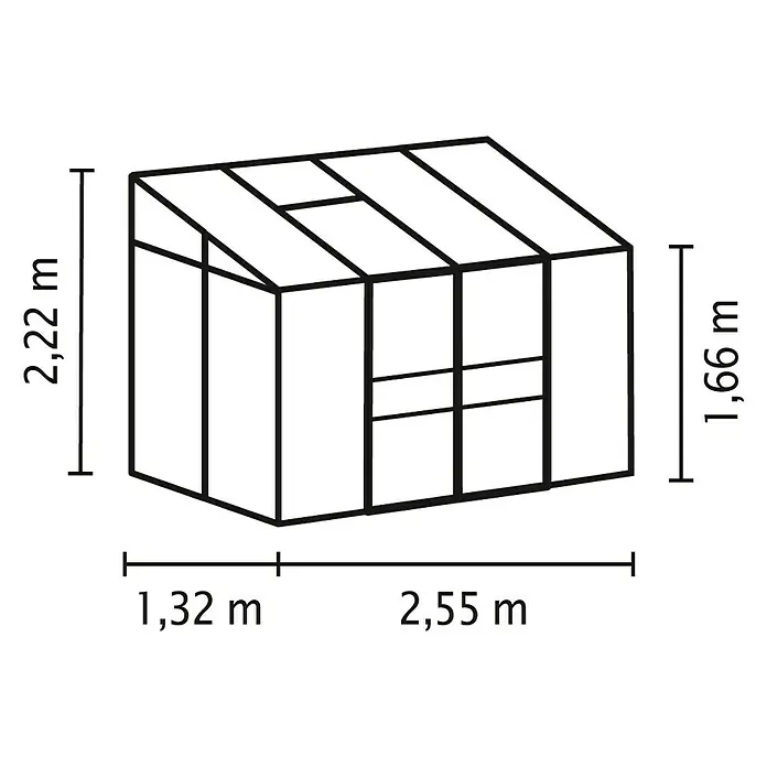 Vitavia Gewächshaus Helena 7000 Plus - Außenmaß inkl. Dachüberstand (B x T): 271 x 266 cm, 3 mm, Schwarz - Schemazeichnung eines Gewächshauses mit Bemaßung (2,22 m hoch, 1,32 m + 2,55 m breit, 1,66 m Seitenhöhe).