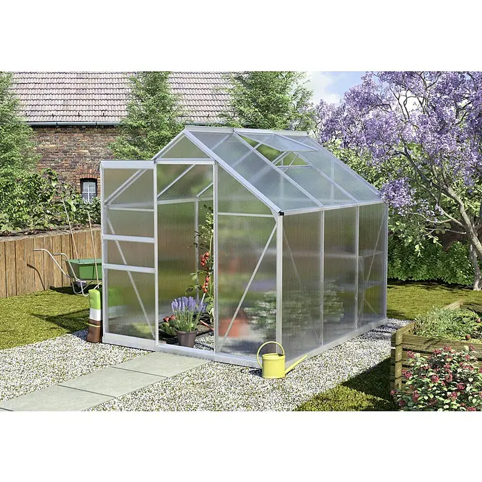 Vitavia Gewächshaus Calypso 4400 - Außenmaß inkl. Dachüberstand (B x T): 195 x 232 cm, 4 mm, Aluminium - Ein geräumiges Gewächshaus mit Regalen, das ausreichend Platz für Pflanzen bietet und sich ideal für den Garten eignet.