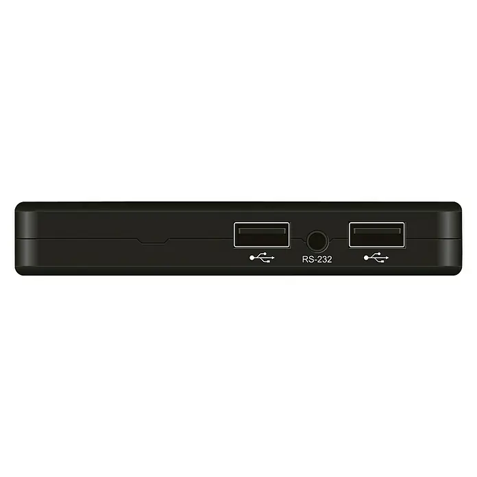 Megasat HDTV-Sat-Receiver Stick 310 V3 - 1.920 x 1.080 Pixel (Full HD), HDMI-Eingang, L x B x H: 65 x 108 x 18 mm - Eine Nahaufnahme der Rückseite eines schwarzen Geräts mit zwei USB-Anschlüssen und einem RS-232-Anschluss für die Datenübertragung.