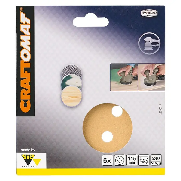 Craftomat Hoja de lija BFWP - Diámetro: 115 mm, Grano: 240, Perforado - Un paquete de discos de lijado CRAFTOMAT de SIA, ideal para lijar diversas superficies, con un diámetro de 115 mm y un grano de 240.