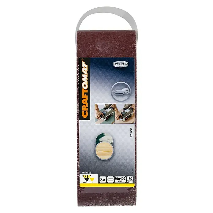 Craftomat Lija de banda - L x An: 400 x 60 mm, Grano: 150, 3 ud. - Paquete de cintas de lija CRAFTOMAT (3 unidades), grano 150, tamaño 60x400 mm, para lijadoras de banda, ideal para carpintería y acabado de superficies.