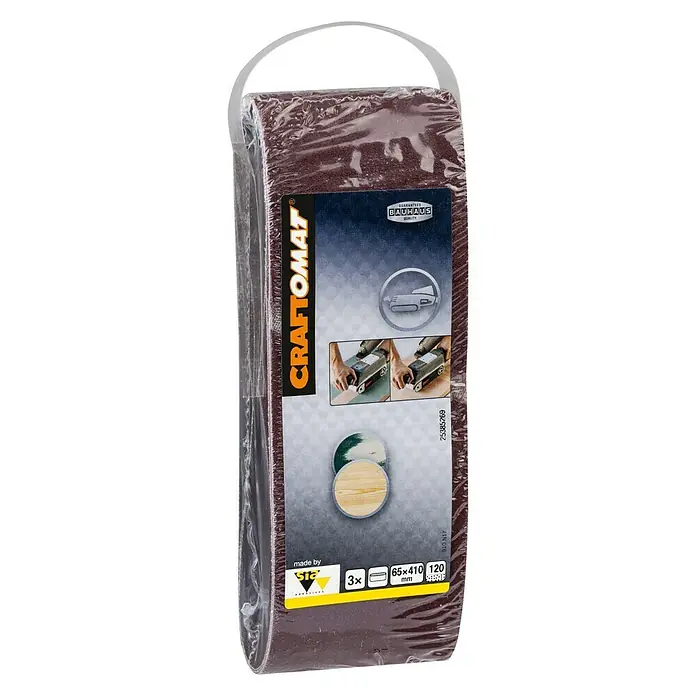 Craftomat Lija de banda - L x An: 410 x 65 mm, Grano: 120, 3 ud. - Paquete de bandas de lijadora Craftomat, grano 120, dimensiones 65x410mm, ideal para trabajos con lijadora de banda y madera.