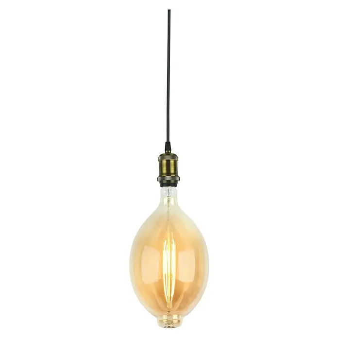 Home Sweet Home Lampenfassung Perle - E27, Farbe: Messing, Metall - Nahaufnahme einer Vintage-Glühbirne mit langem, dünnem Filament, aufgehängt an einem schwarzen Kabel und einer bronzefarbenen Fassung.