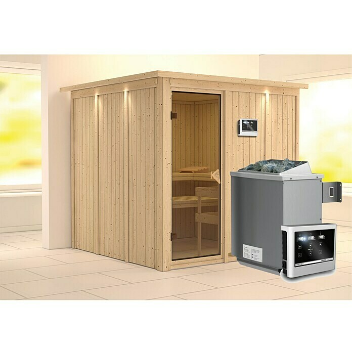 Karibu Elementsauna Rodin (Mit 9 kW Ofen mit externer Steuerung, Mit Dachkranz und Beleuchtung, L x B x H: 210 x 210 x 192 cm)