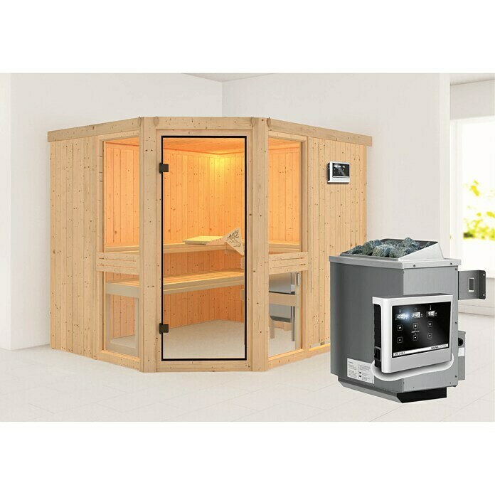 Karibu Elementsauna Amelia 3 (Mit 9 kW Ofen mit externer Steuerung, Ohne Dachkranz, L x B x H: 231 x 196 x 192 cm)