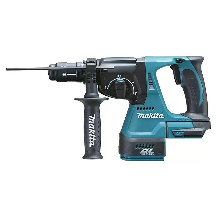 Makita LXT 18V Martillo combinado de batería DHR243RTJ - 18 V, Sin batería, 2 J, Sin extracción de polvo - Taladro percutor sin cable Makita azul verdoso y negro con empuñadura auxiliar y tope de profundidad.