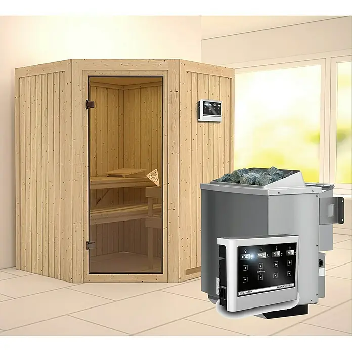 Karibu Elementsauna Larin - Mit 9 kW Bio-Ofen mit externer Steuerung, Ohne Dachkranz, L x B x H: 151 x 151 x 192 cm - Nahaufnahme einer Sauna mit Holzelementen und Steinen auf einem Heizgerät, das eine entspannende und wohltuende Atmosphäre verspricht.