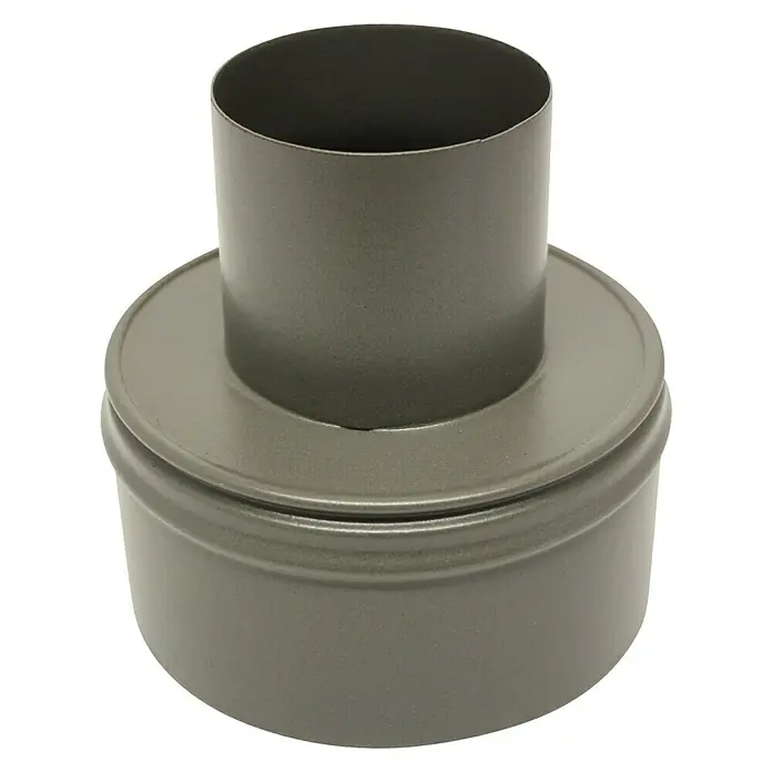 Pellet-Erweiterung - Durchmesser: 80 mm - 150 mm, Emailliert, Gussgrau - Graues Metallrohr mit zylindrischem Sockel und einem Rohr, das oben herausragt, ideal für industrielle Anwendungen.