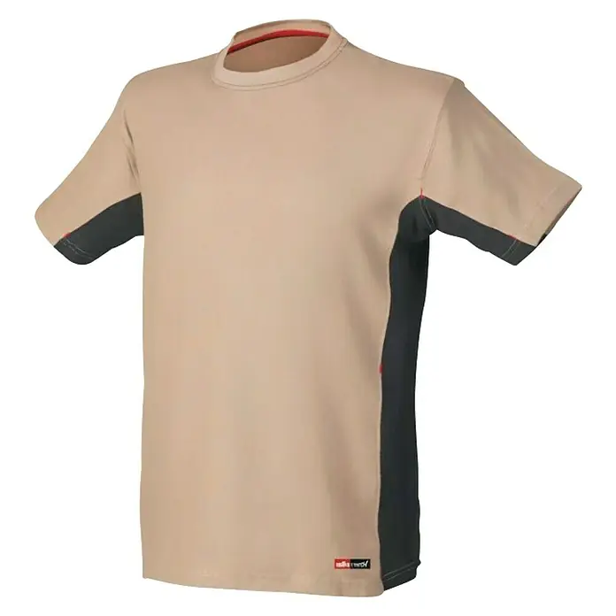 Industrial Starter Stretch Camiseta - S, Beige - Primer plano de una camiseta beige de manga corta con panel lateral negro, perfecta para el día a día y el trabajo.