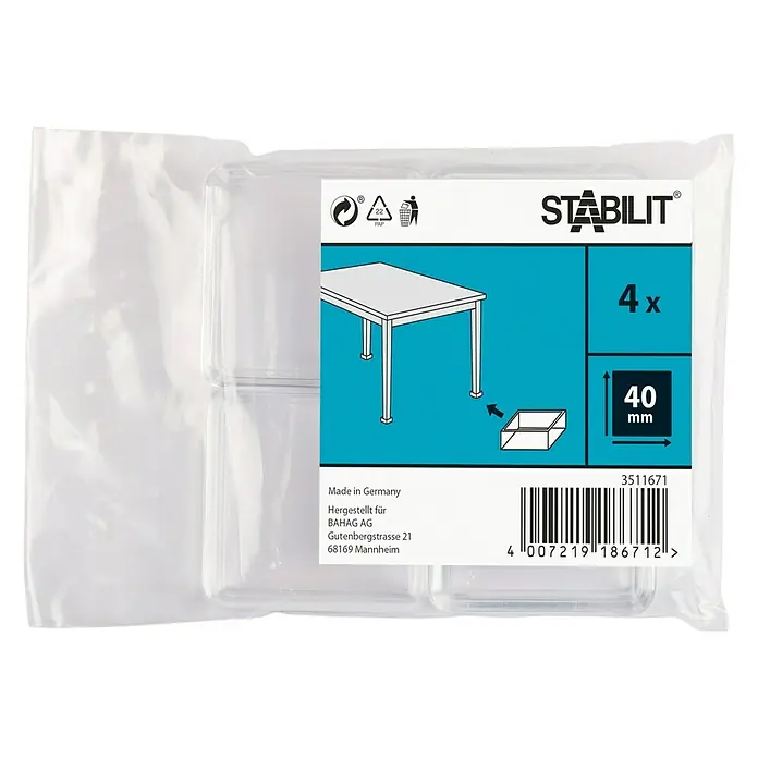 Stabilit Base para muebles - Cuadrado, 4 ud., 40 mm, 40 mm - Imagen de un paquete con 4 protectores de patas de mesa Stabilit, 40mm, fabricados en Alemania, diseñados para proteger los pisos.
