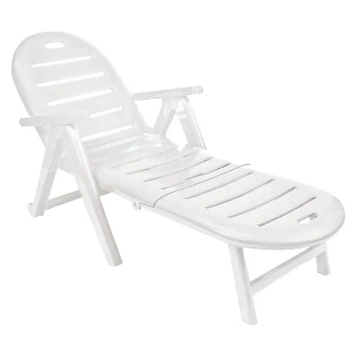 Tumbona de jardín Caimán - 72 x 195 x 100 cm, Blanco, Plástico, Respaldo regulable - Tumbona de plástico blanco con respaldo ajustable y reposabrazos para horas de relax al aire libre.