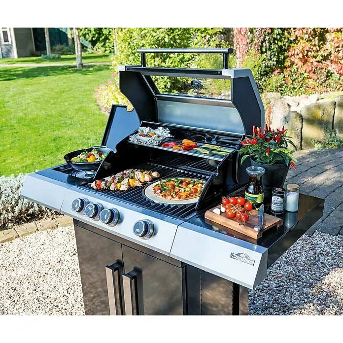 Kingstone KMS Gasgrill Cliff 350Grillfläche (B x T): 59 x 45 cm, 13,5 kW, Anzahl Brenner: 3 - Der Kingstone Grill mit Speisen zubereitet ist das Highlight im Garten. Hier gibt es Pizza, Gemüse und Fleisch vom Grill!