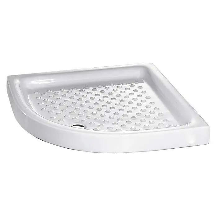 Plato de ducha cuarto de circulo porcelánico White - L x An: 80 x 80 cm, Cerámica, Blanco - Plato de ducha blanco con esquina redondeada y agujero de desagüe. La base de la ducha tiene una superficie texturizada con puntos en relieve.