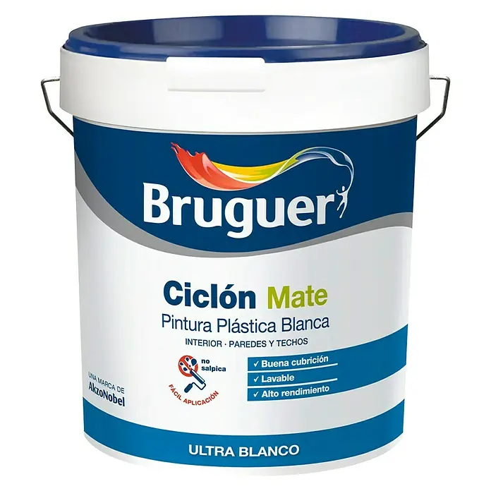 Bruguer Pintura para paredes y techos Ciclón - Blanco, Mate, 750 ml - Pintura plástica blanca Bruguer Cyclón Mate para interiores, paredes y techos. Alta cubrición, lavable y alto rendimiento.