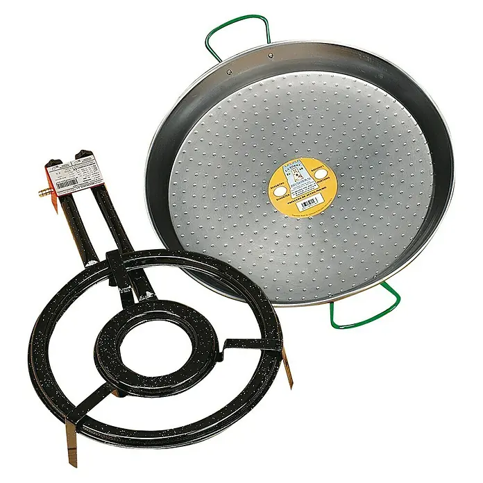 Set de quemador paellero quemador+paellera de 10 raciones - Diámetro: 43 cm, Acero - Paellera con quemador de gas a juego, ideal para auténticos platos españoles al aire libre. Perfecto para experiencias culinarias.