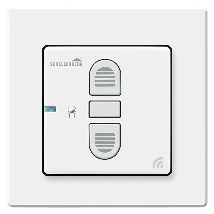 Schellenberg Interruptor de recepción por radio - L x An x Al: 80 x 80 x 40 mm, Blanco, Empotrado - Imagen de un emisor de pared de radio Schellenberg Smart Home con botones arriba/abajo para controlar persianas enrollables y un botón de aprendizaje para una fácil configuración.
