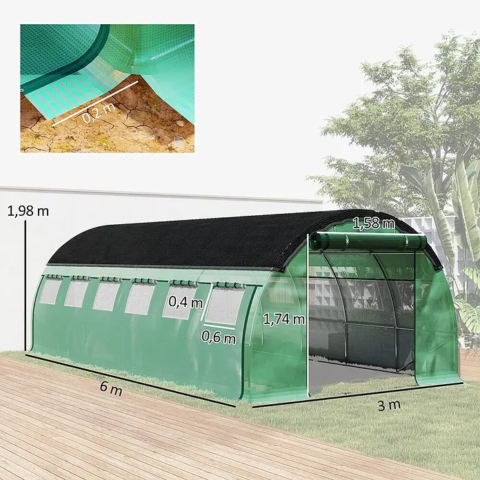 Outsunny Gewächshaus Outsunny-Folientunnel - Außenmaß inkl. Dachüberstand (B x T): 6 x 3 cm, Material Seitenwand: Kunststoff, 2 mm