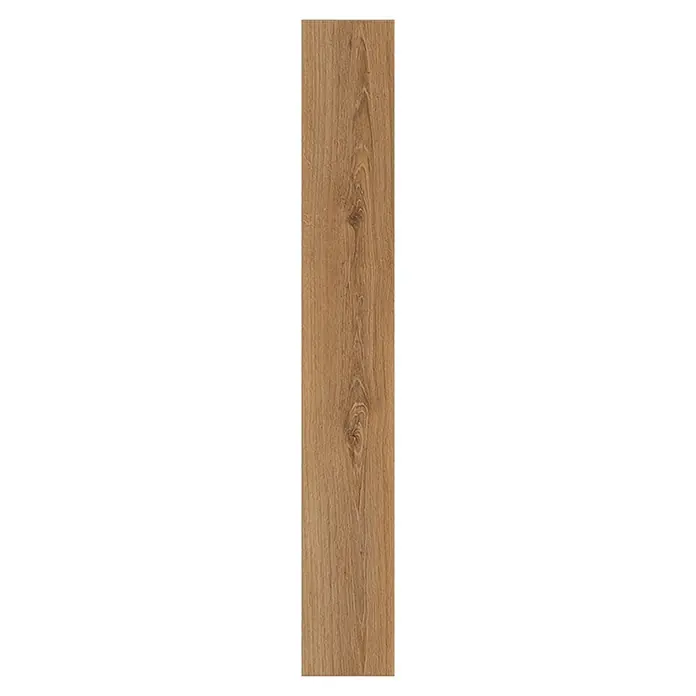 Krono Original Laminat Atlantic 8 - Tan Parioli Oak, Landhausdiele, 1.288 x 195 x 8 mm - Langes mittelbraunes Holzbrett mit natürlicher Maserung und subtilen Ästen.
