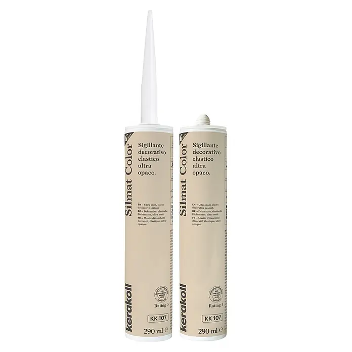 Kerakoll Sellador de resina - Silmat Color - Color: KK 107, 290 ml - Dos cartuchos de sellador decorativo elástico ultra-mate Kerakoll Silmat Color en beige claro.