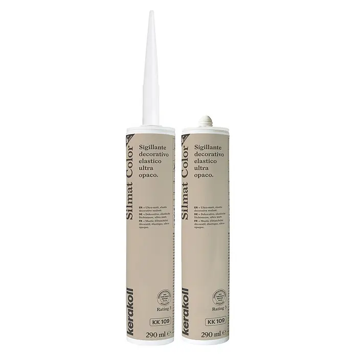 Kerakoll Sellador de resina - Silmat Color - Color: KK 109, 290 ml - Dos tubos de sellador decorativo elástico ultra mate Kerakoll Silmat Color de 290ml en color beige claro/grisáceo.
