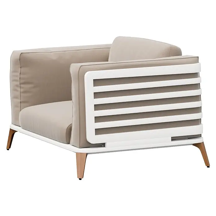 Kactus republic Conjunto de muebles Ferrari - 4 pzs., Aluminio/Madera sintética, Blanco - Sillón beige claro con estructura de metal blanco de lamas y patas de madera.